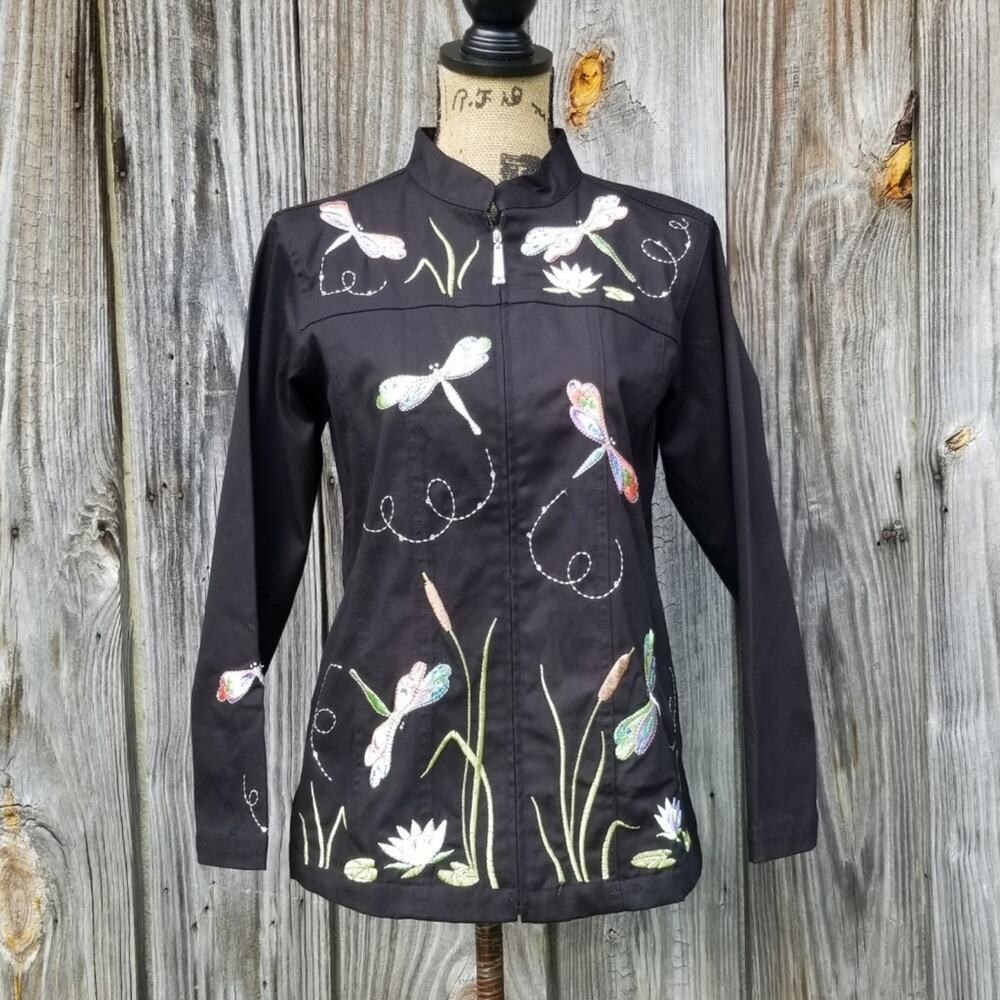 Quacker Factory Dragonfly Embroidered Black Jacket Size S Stretch Zip Front NWT